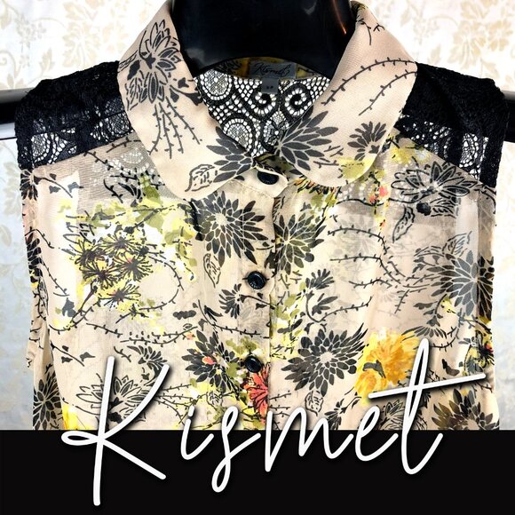 Kismet sleeveless black lace shoulders with collar semi sheer floral button down - Picture 3 of 4